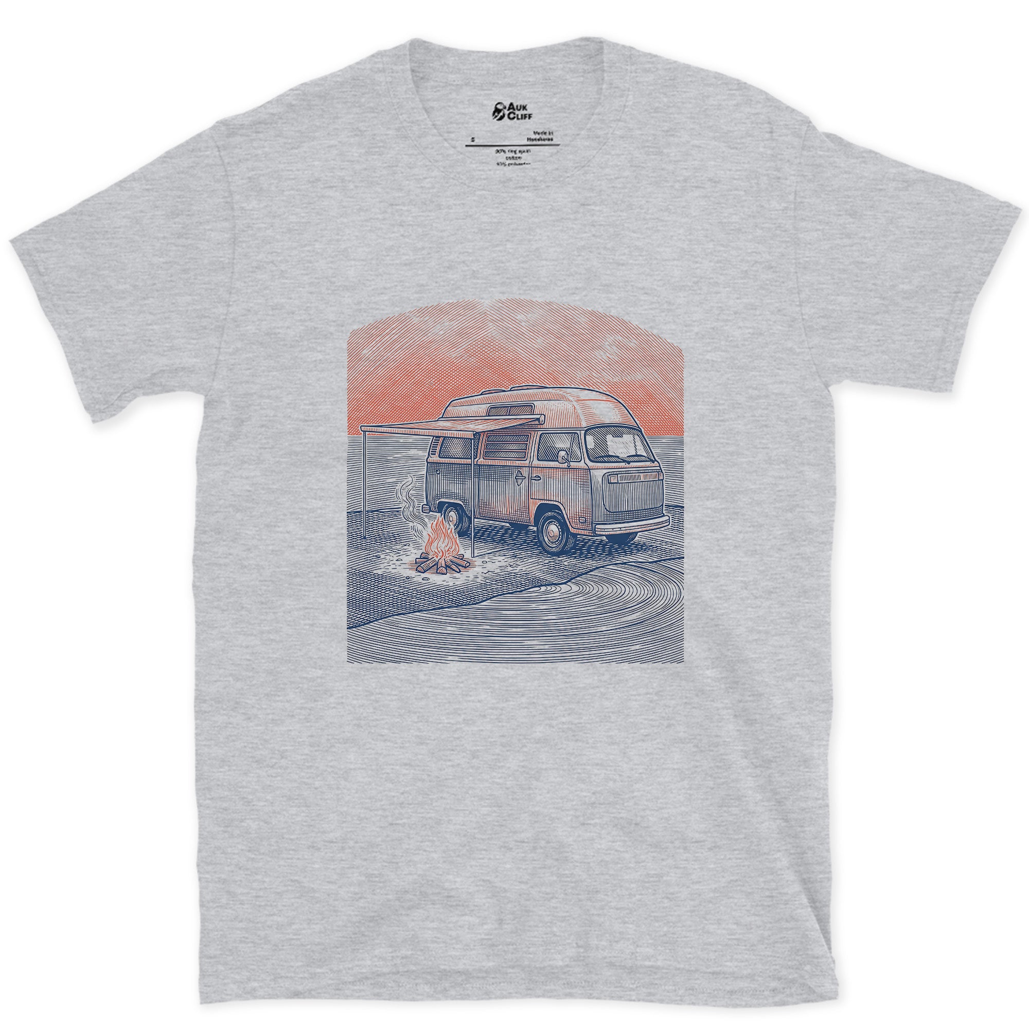 Camper Van, Pop Top Up, Embers Still Going design on a Sport Grey Gildan Softstyle t-shirt