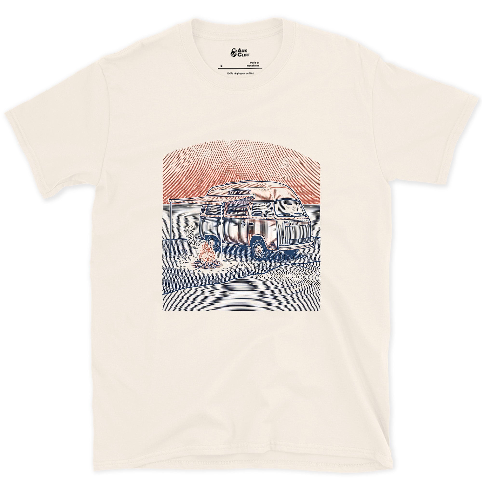 Camper Van, Pop Top Up, Embers Still Going design on a Natural Gildan Softstyle t-shirt