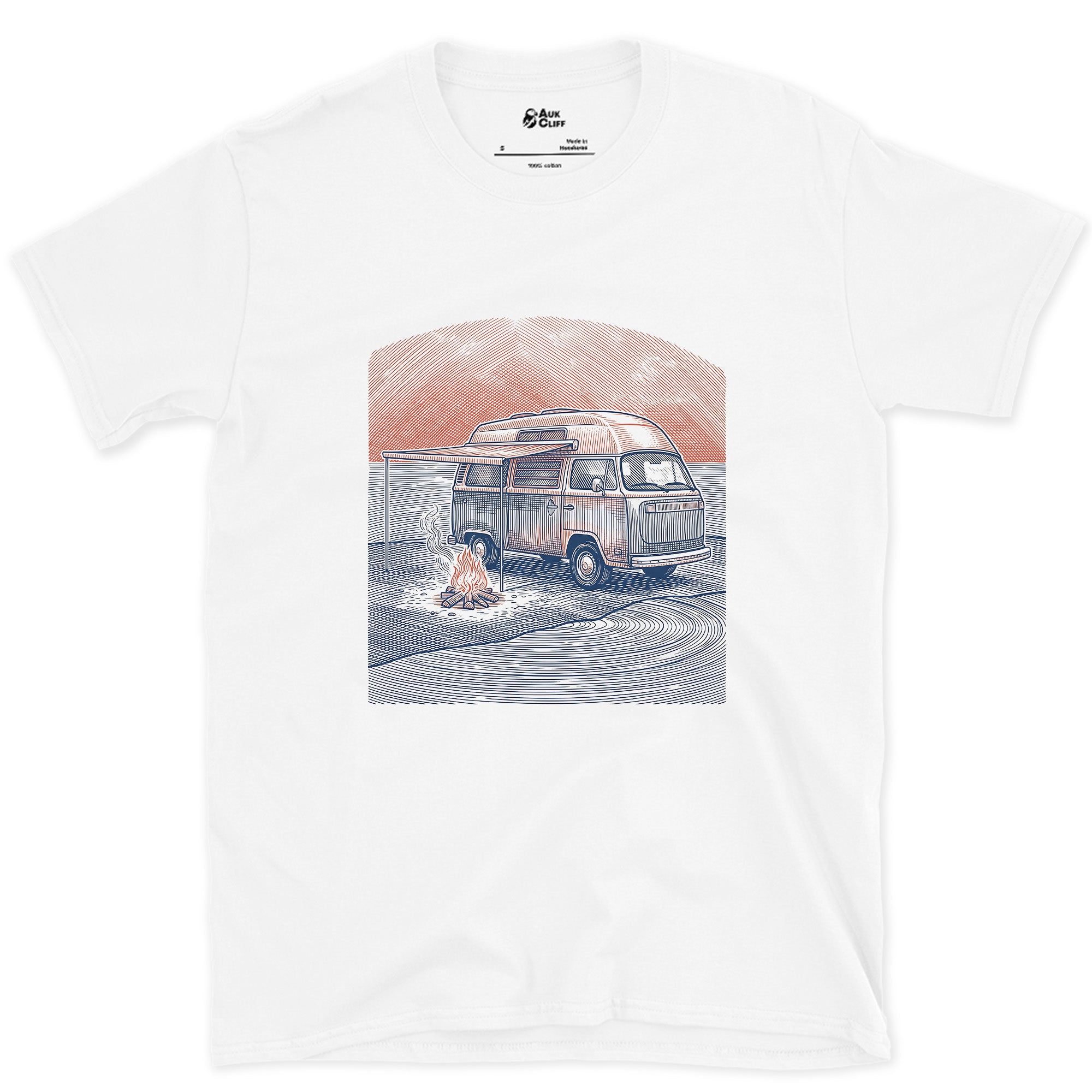 Camper Van, Pop Top Up, Embers Still Going design on a White Gildan Softstyle t-shirt