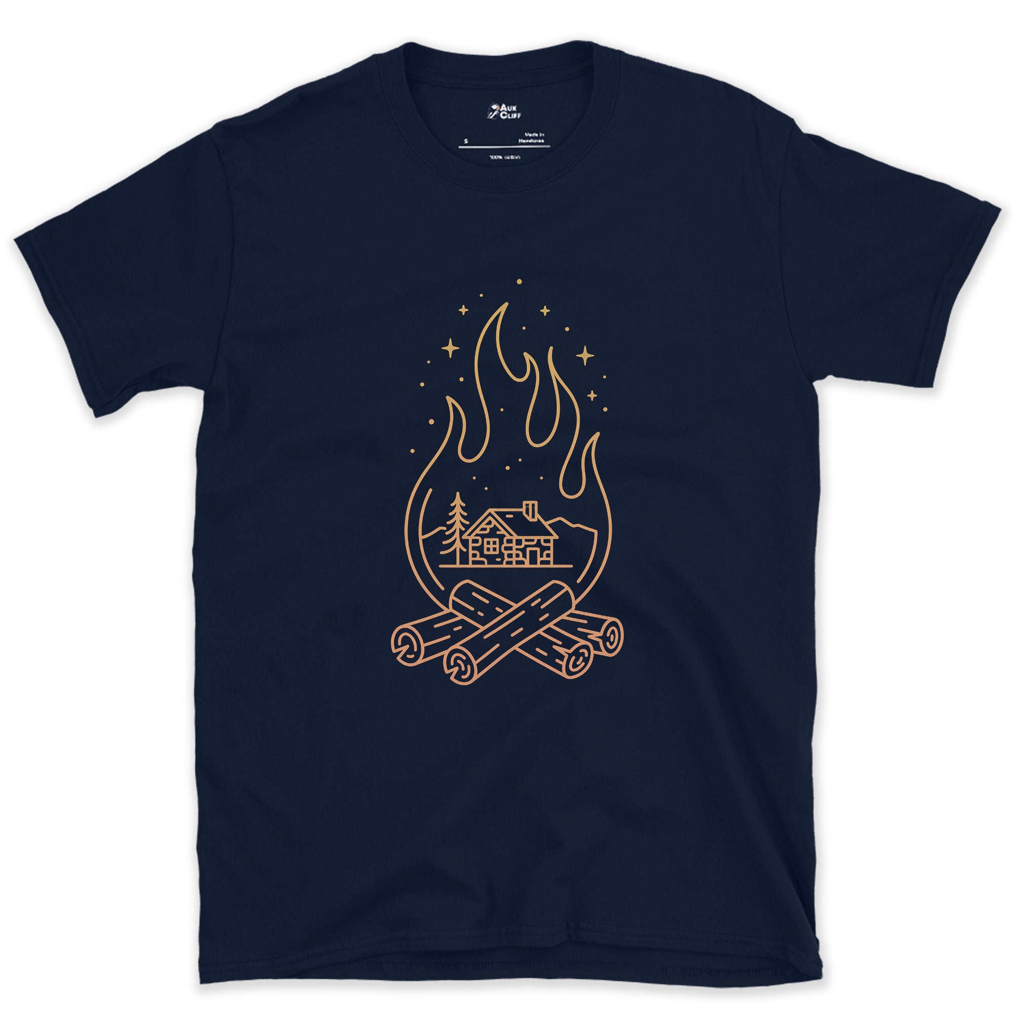 The Bothy Waiting in Firelight design on a Navy Gildan Softstyle t-shirt