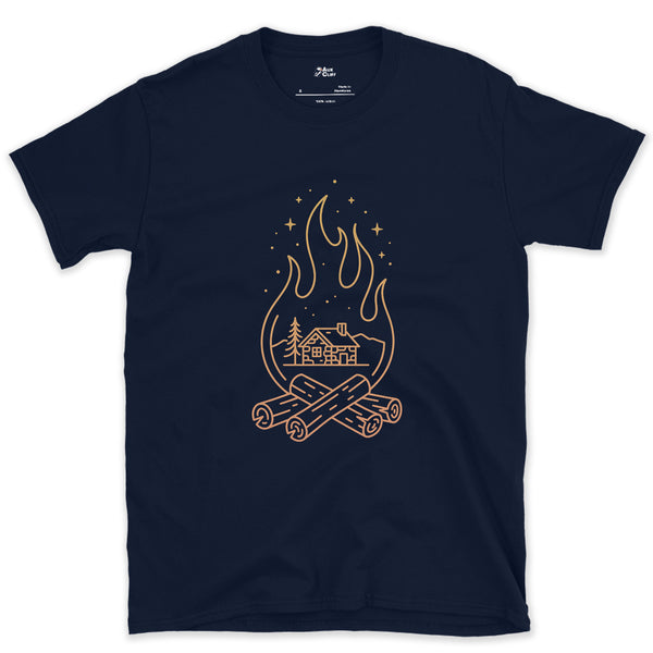 The Bothy Waiting in Firelight design on a Navy Gildan Softstyle t-shirt