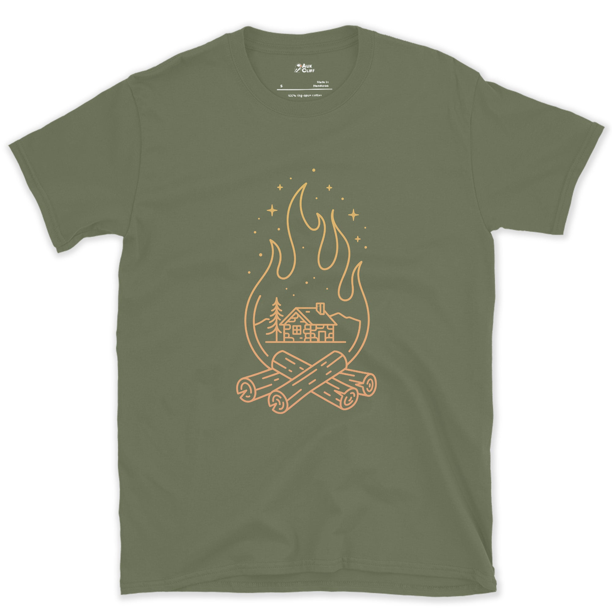 The Bothy Waiting in Firelight design on a Military Green Gildan Softstyle t-shirt