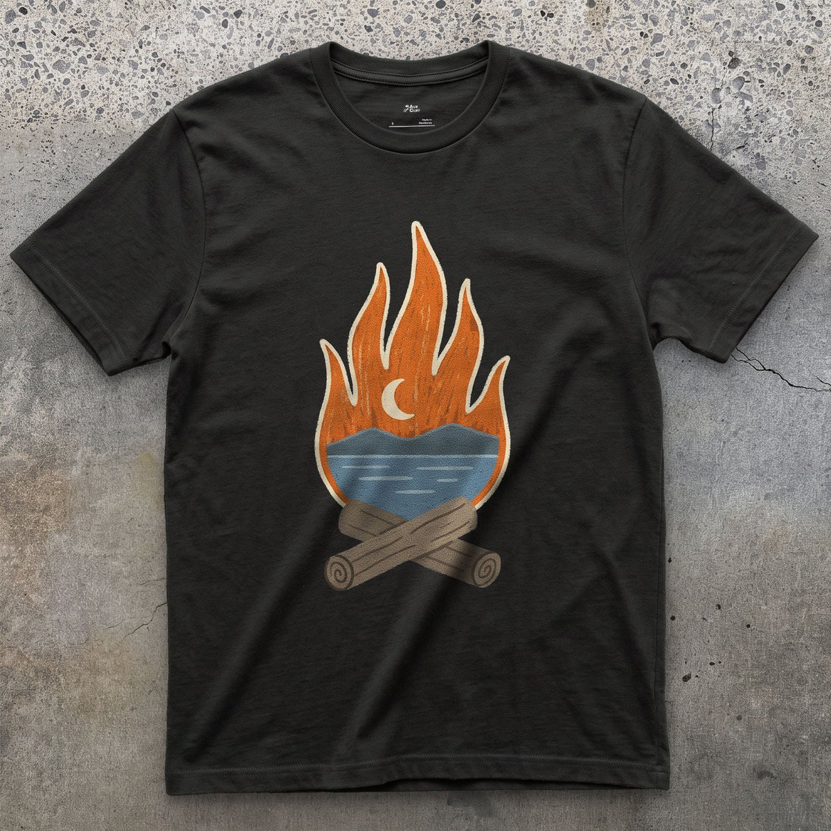 The Tarn Goes Quiet Under Firelight design on a Black Gildan Softstyle t-shirt