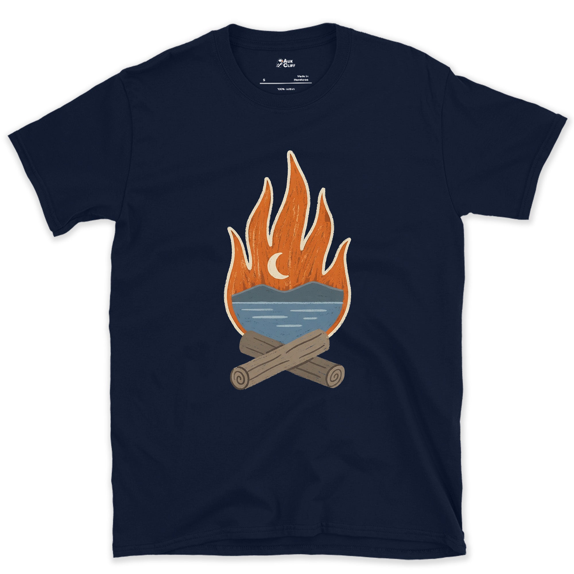 The Tarn Goes Quiet Under Firelight design on a Navy Gildan Softstyle t-shirt