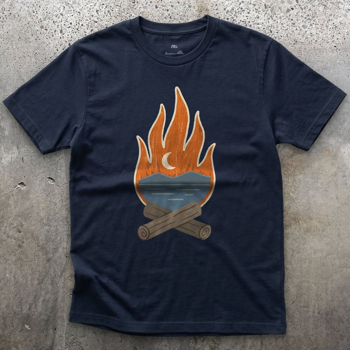 The Tarn Goes Quiet Under Firelight design on a Navy Gildan Softstyle t-shirt