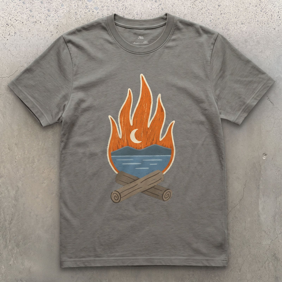 The Tarn Goes Quiet Under Firelight design on a Charcoal Gildan Softstyle t-shirt