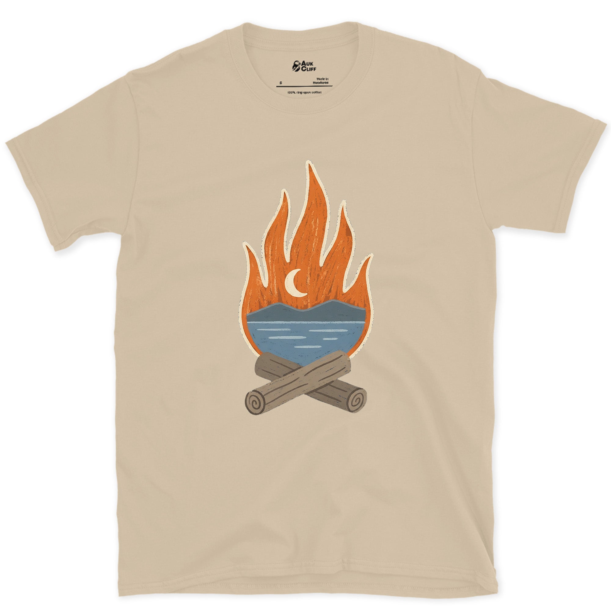 The Tarn Goes Quiet Under Firelight design on a Sand Gildan Softstyle t-shirt