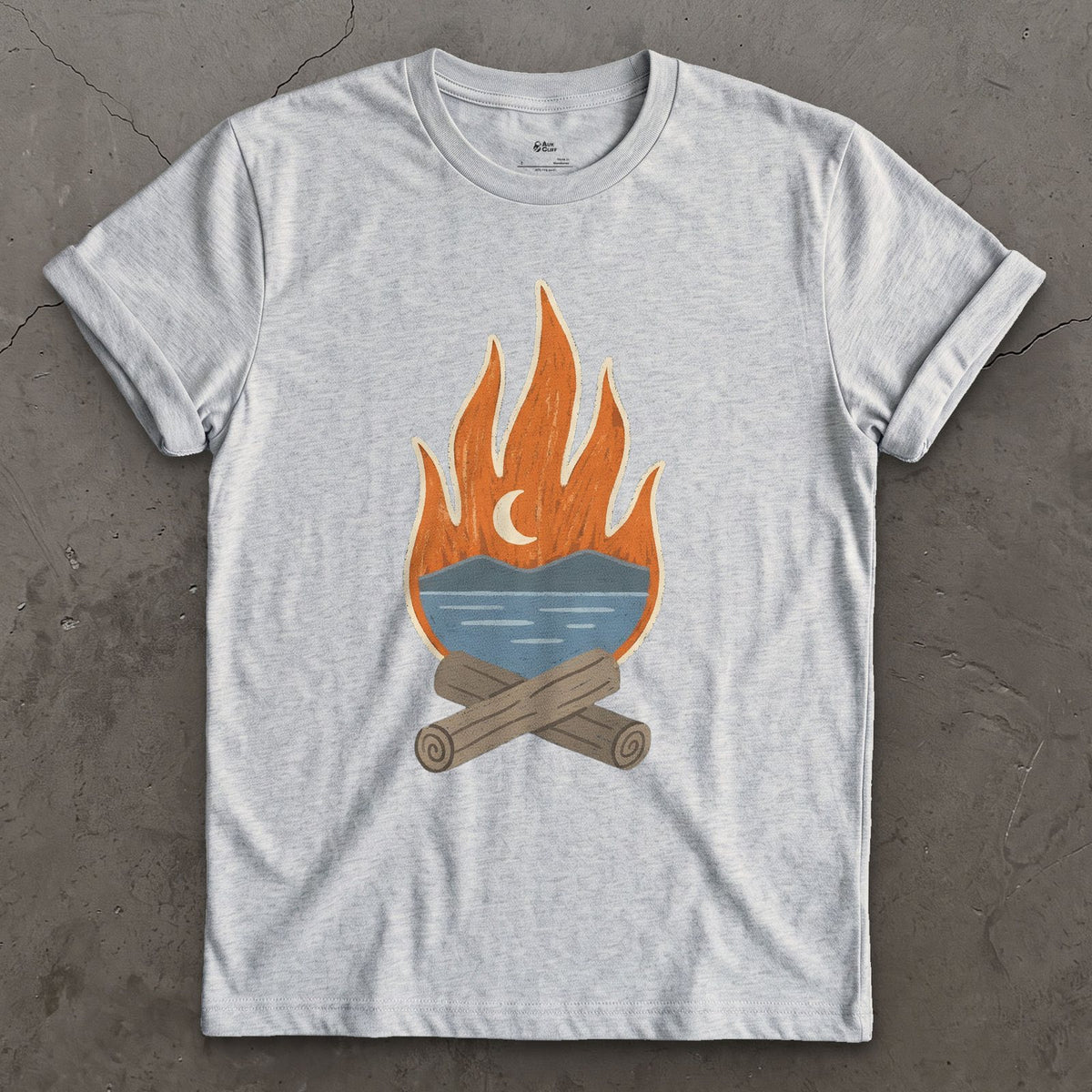 The Tarn Goes Quiet Under Firelight design on a Sport Grey Gildan Softstyle t-shirt