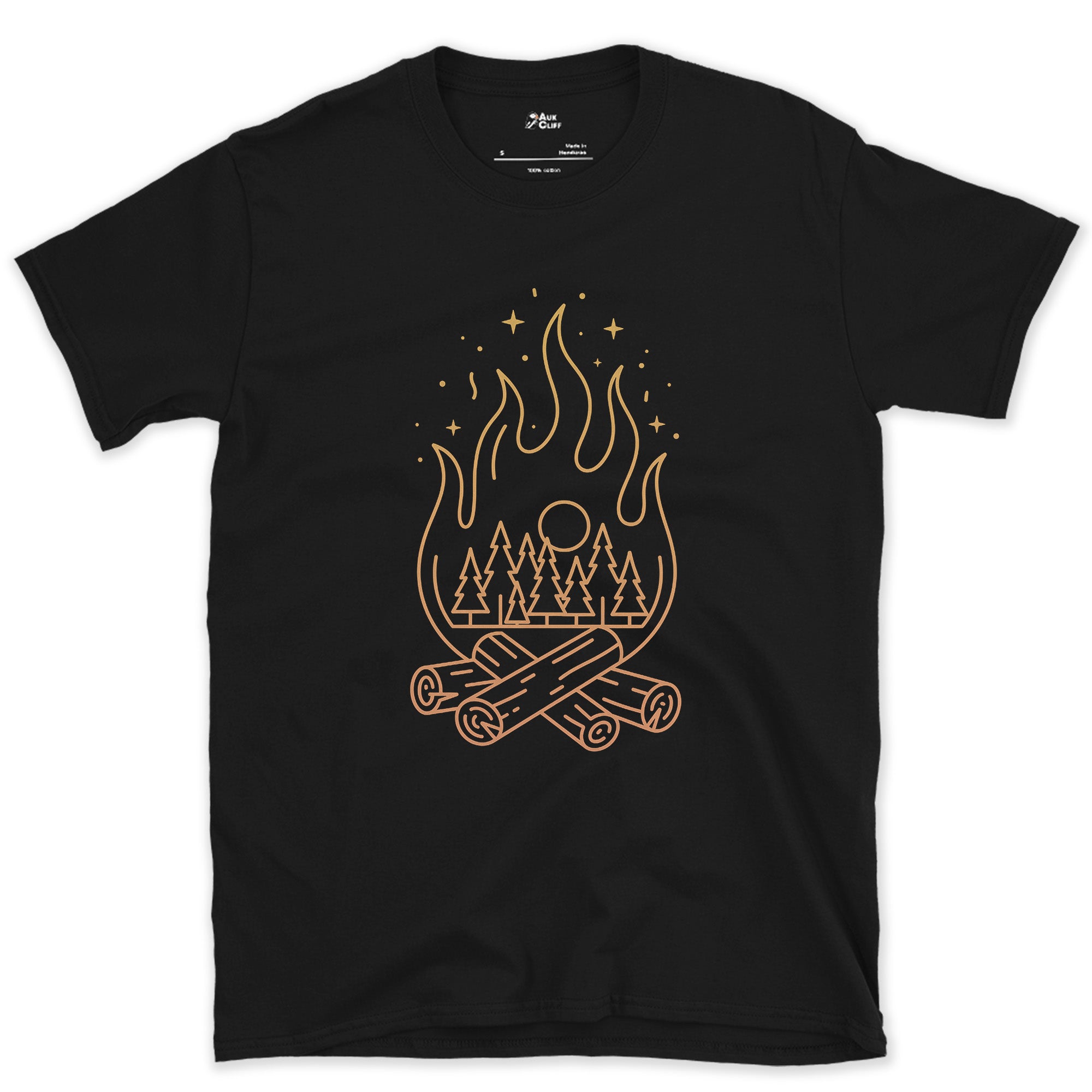 Moonlit Pines, Fire Below design on a Black Gildan Softstyle t-shirt