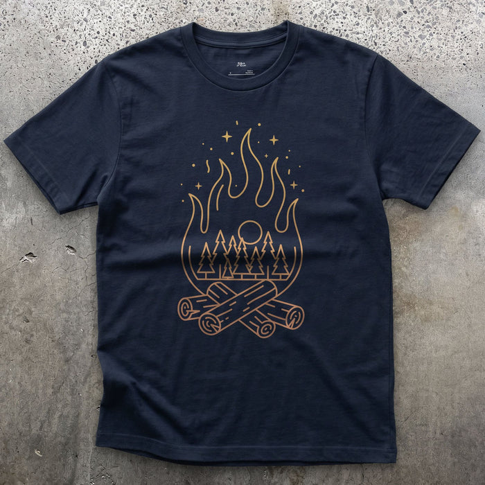 Moonlit Pines, Fire Below design on a Navy Gildan Softstyle t-shirt