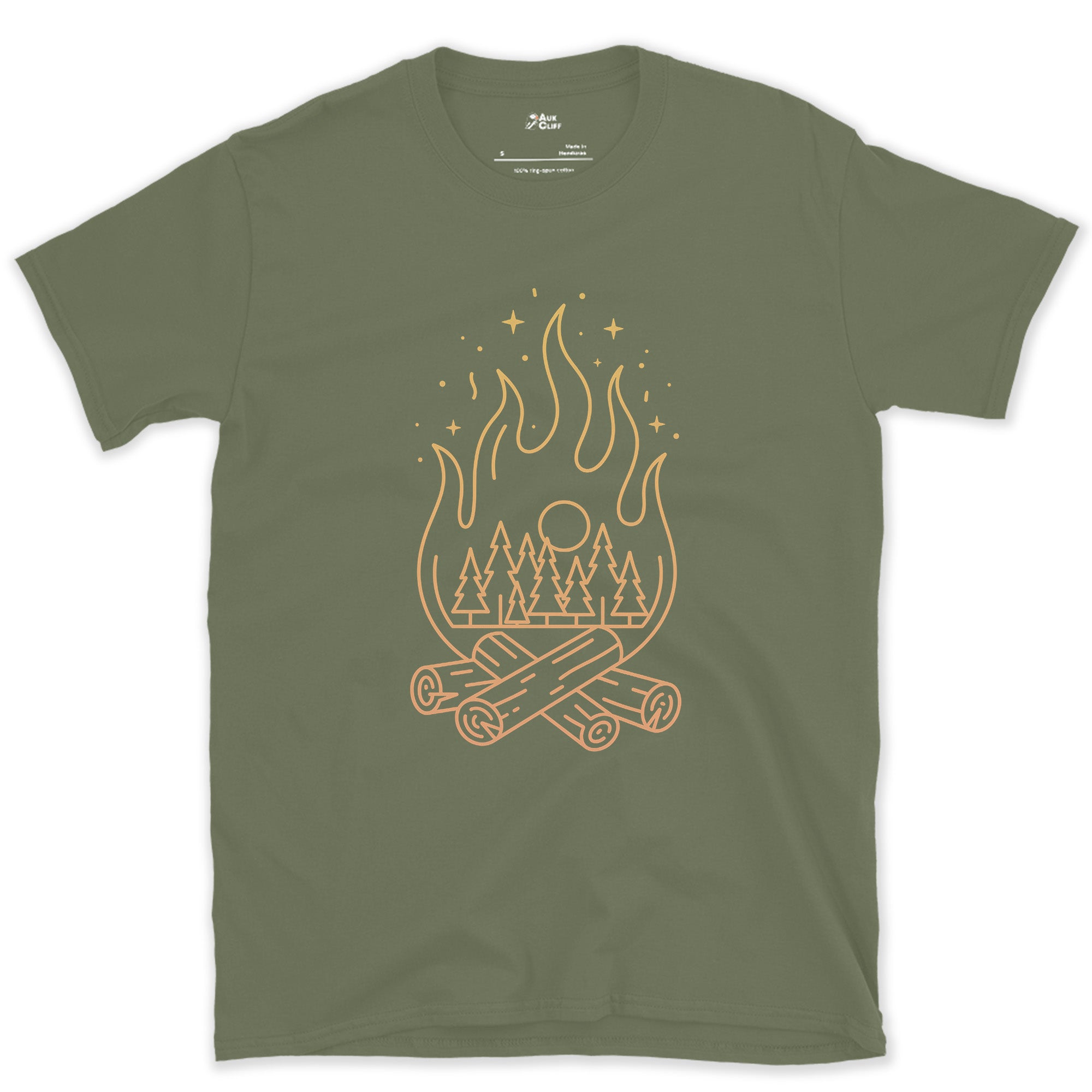 Moonlit Pines, Fire Below design on a Military Green Gildan Softstyle t-shirt