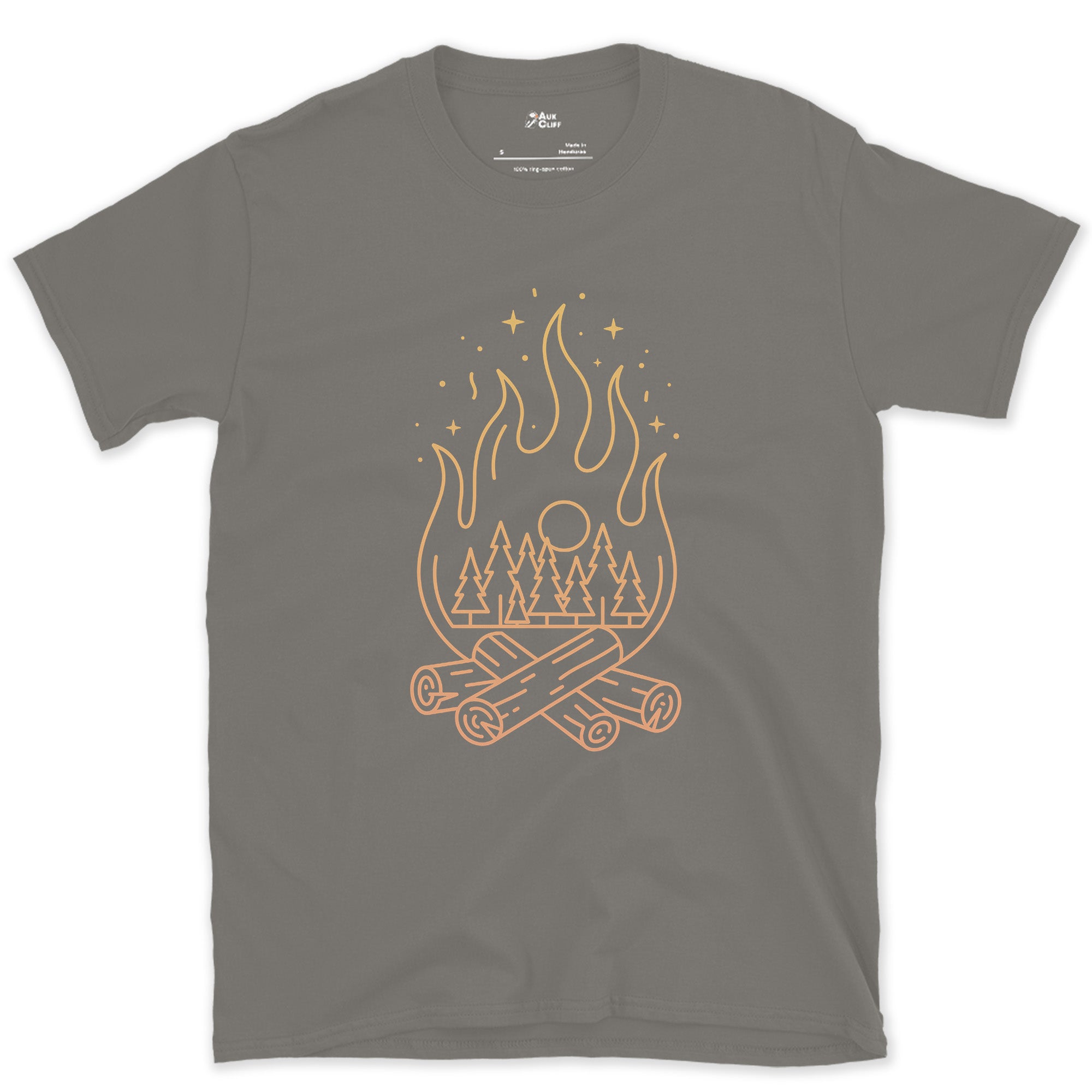 Moonlit Pines, Fire Below design on a Charcoal Gildan Softstyle t-shirt