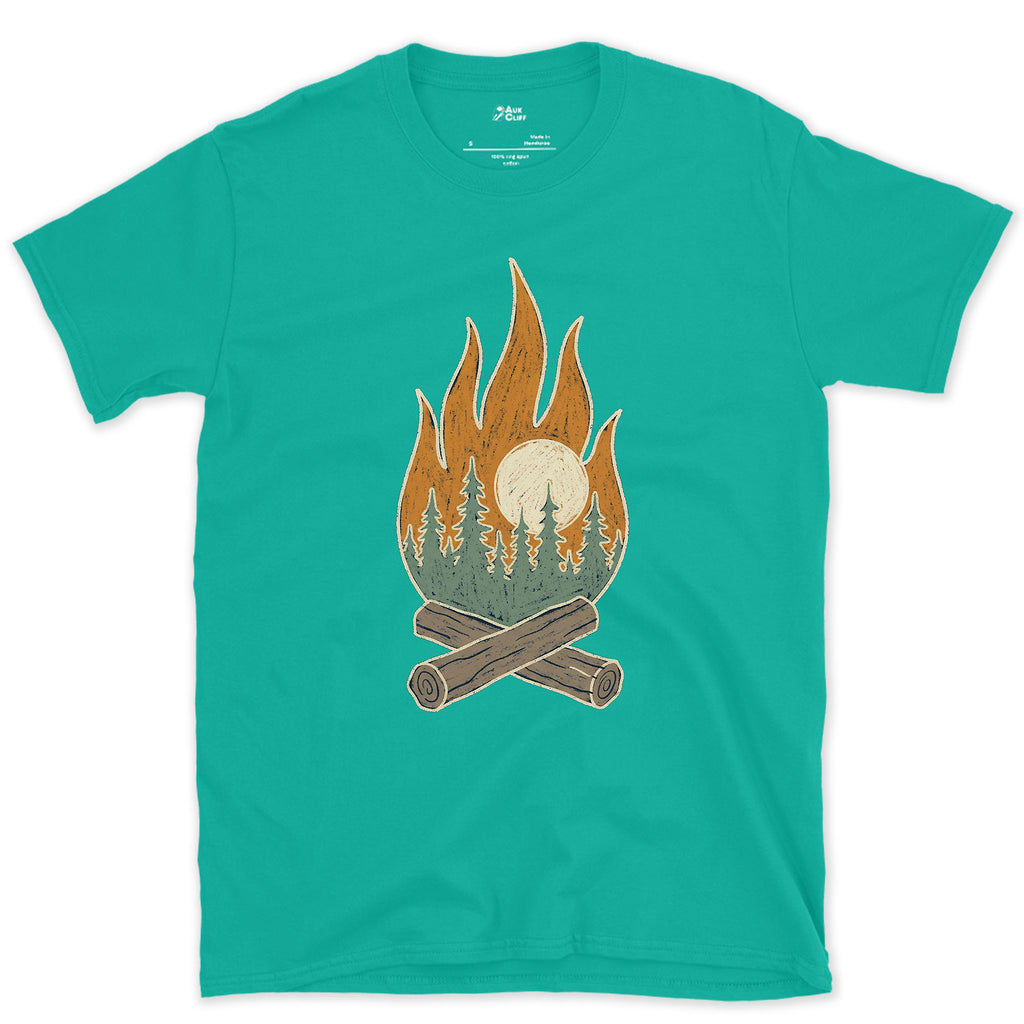 Pines and Sunrise Inside the Flame design on a Jade Dome Gildan Softstyle t-shirt