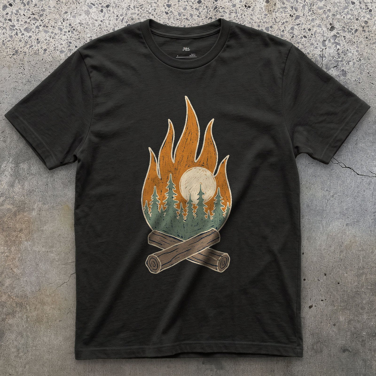 Pines and Sunrise Inside the Flame design on a Black Gildan Softstyle t-shirt