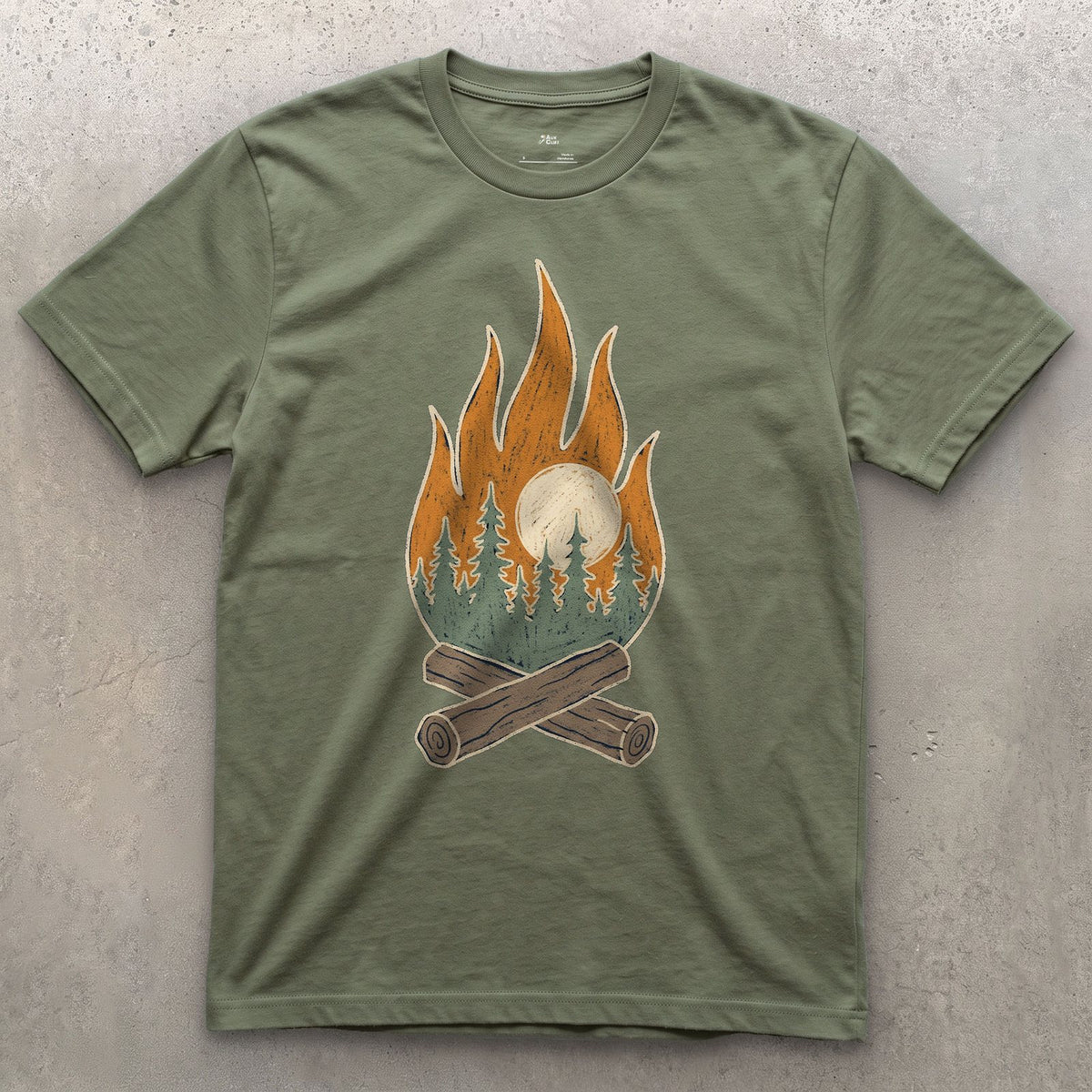 Pines and Sunrise Inside the Flame design on a Military Green Gildan Softstyle t-shirt