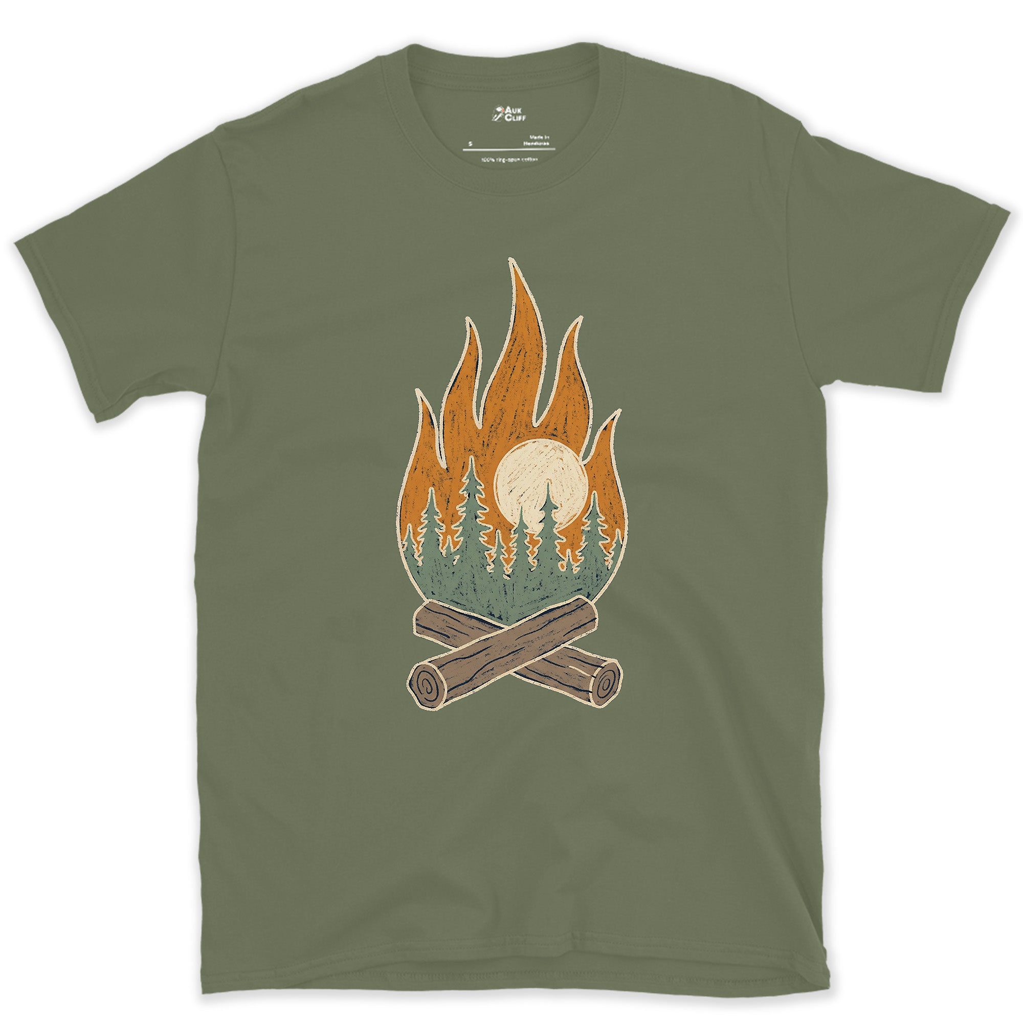 Pines and Sunrise Inside the Flame design on a Military Green Gildan Softstyle t-shirt