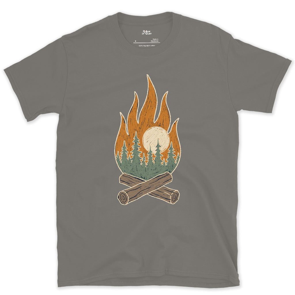 Pines and Sunrise Inside the Flame design on a Charcoal Gildan Softstyle t-shirt