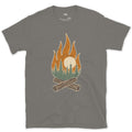 Pines and Sunrise Inside the Flame design on a Charcoal Gildan Softstyle t-shirt