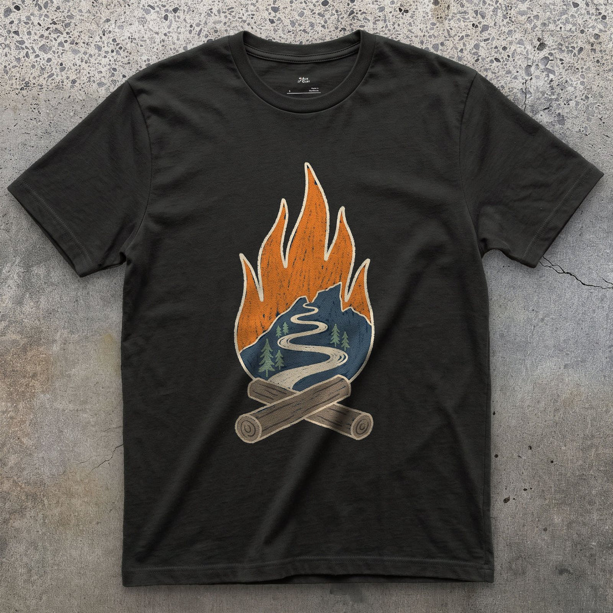 Switchback Trail Inside a Campfire Flame design on a Black Gildan Softstyle t-shirt
