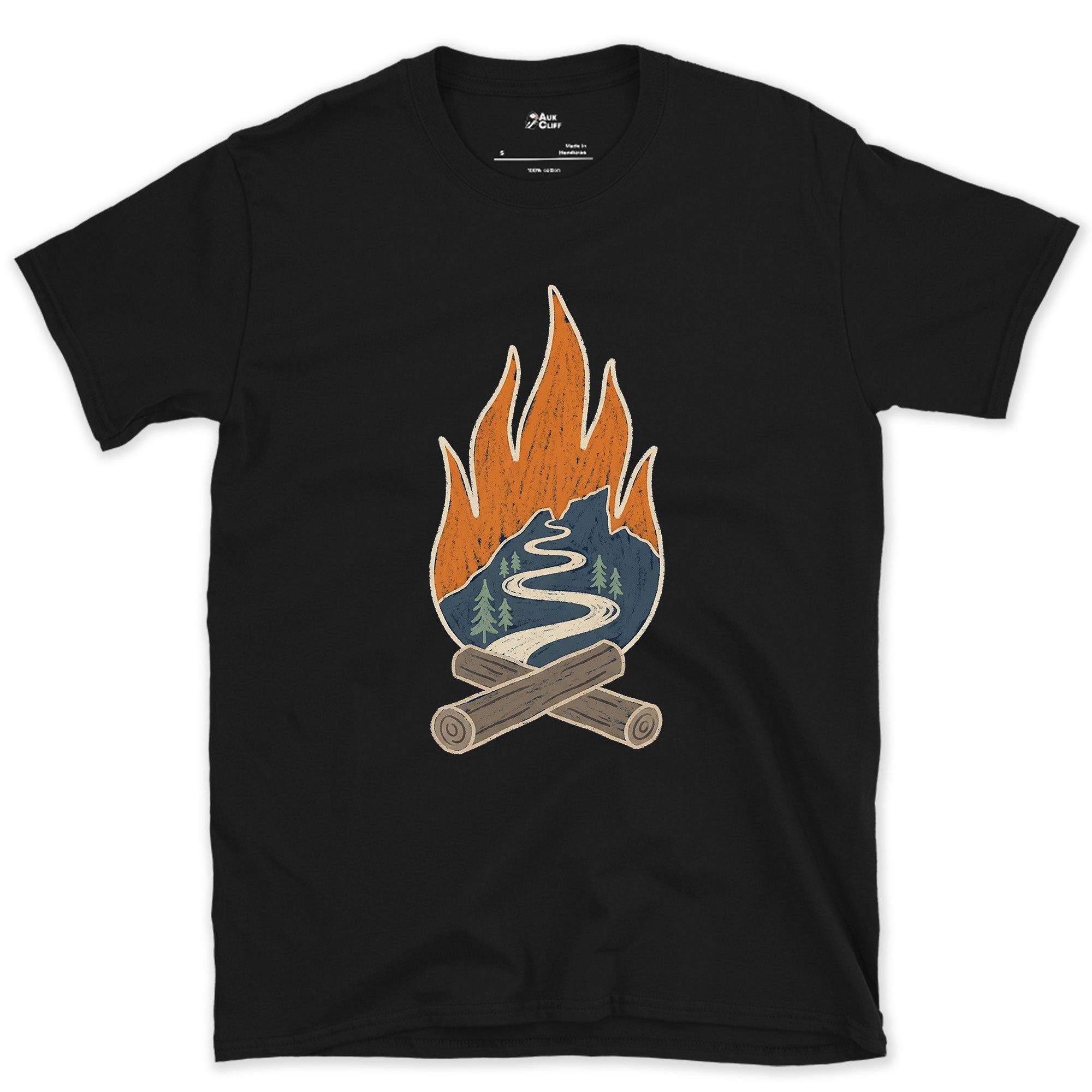 Switchback Trail Inside a Campfire Flame design on a Black Gildan Softstyle t-shirt