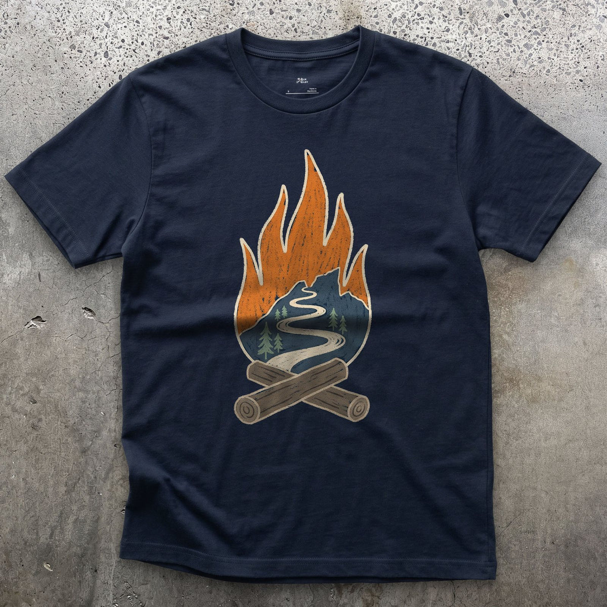 Switchback Trail Inside a Campfire Flame design on a Navy Gildan Softstyle t-shirt