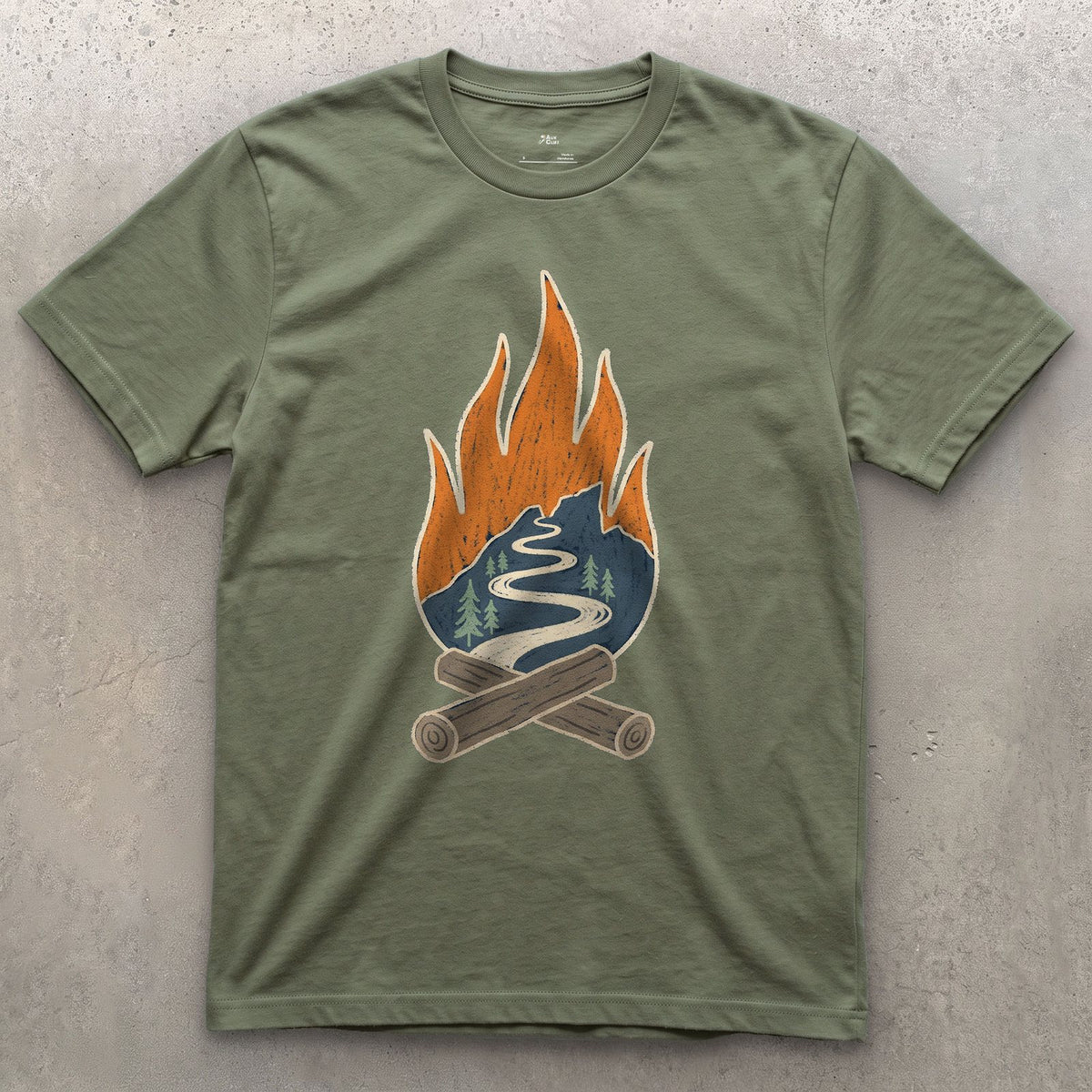 Switchback Trail Inside a Campfire Flame design on a Military Green Gildan Softstyle t-shirt