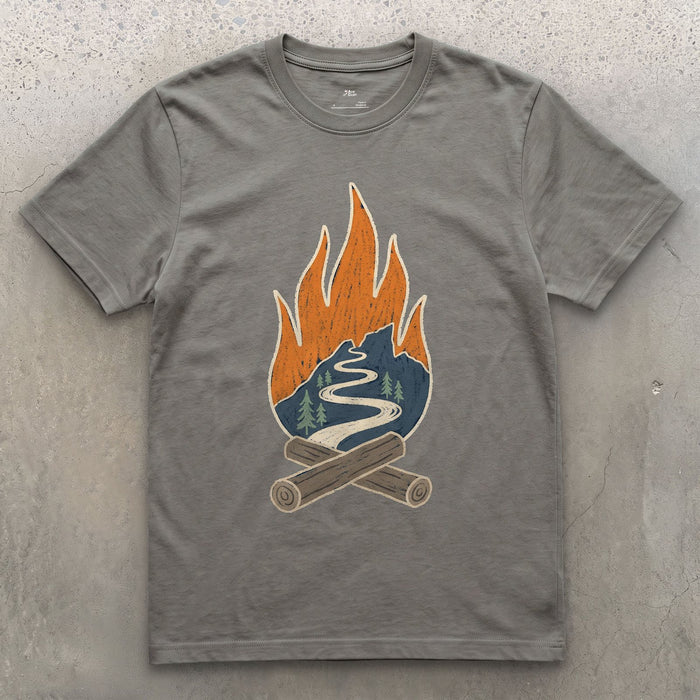 Switchback Trail Inside a Campfire Flame design on a Charcoal Gildan Softstyle t-shirt
