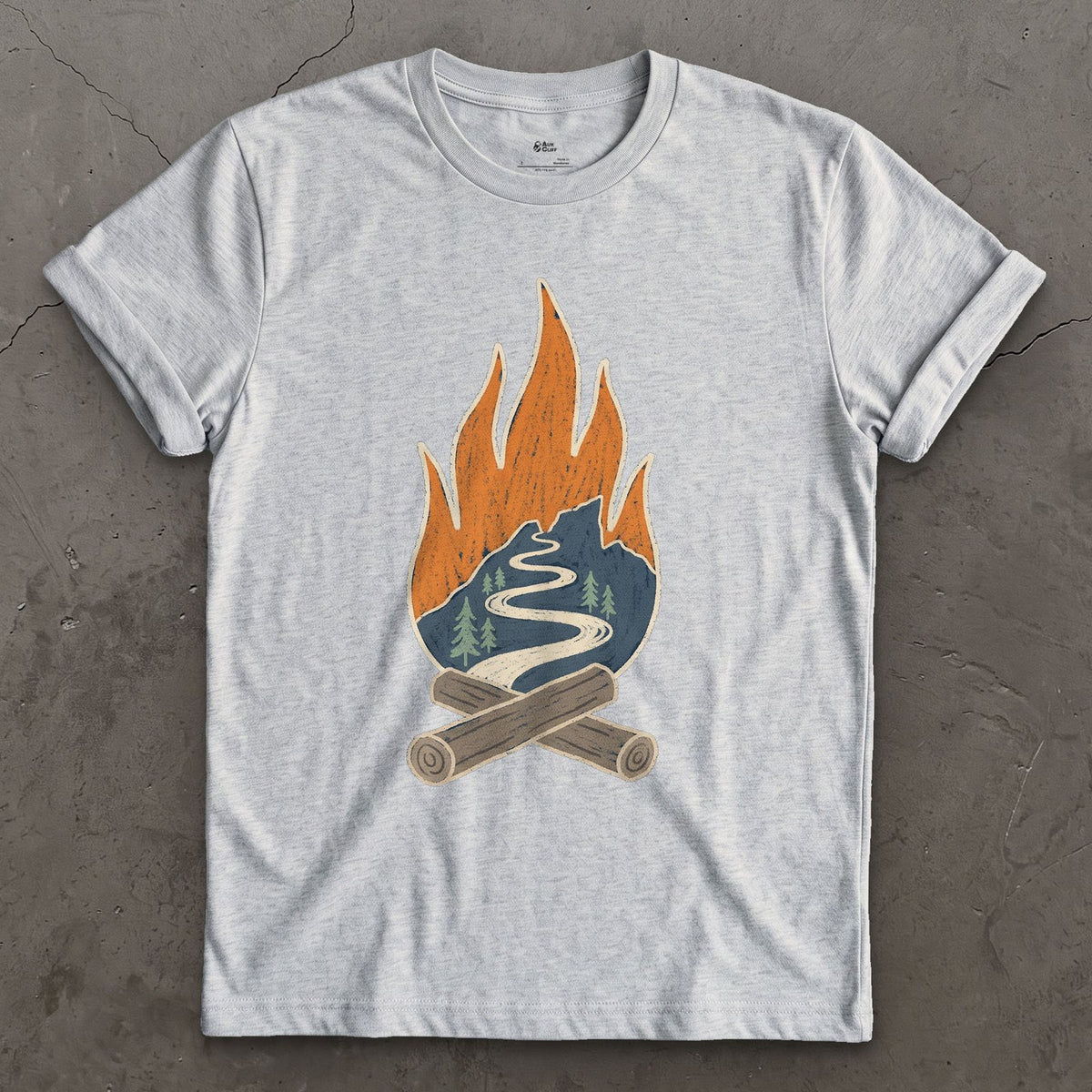 Switchback Trail Inside a Campfire Flame design on a Sport Grey Gildan Softstyle t-shirt