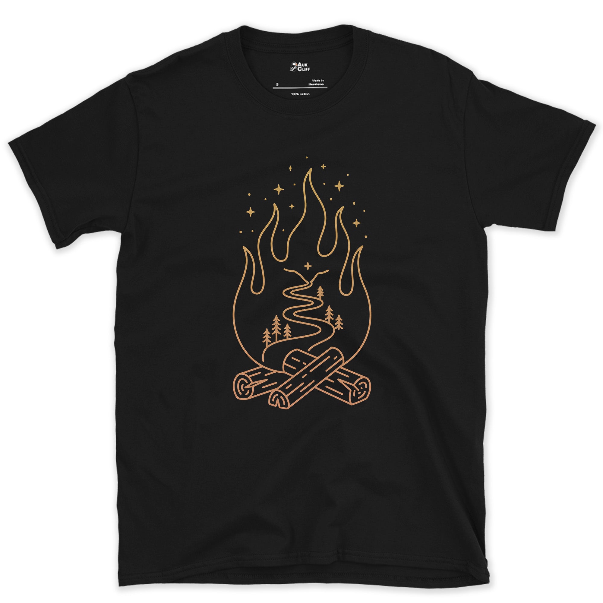 The Trail Bends Even in Firelight design on a Black Gildan Softstyle t-shirt