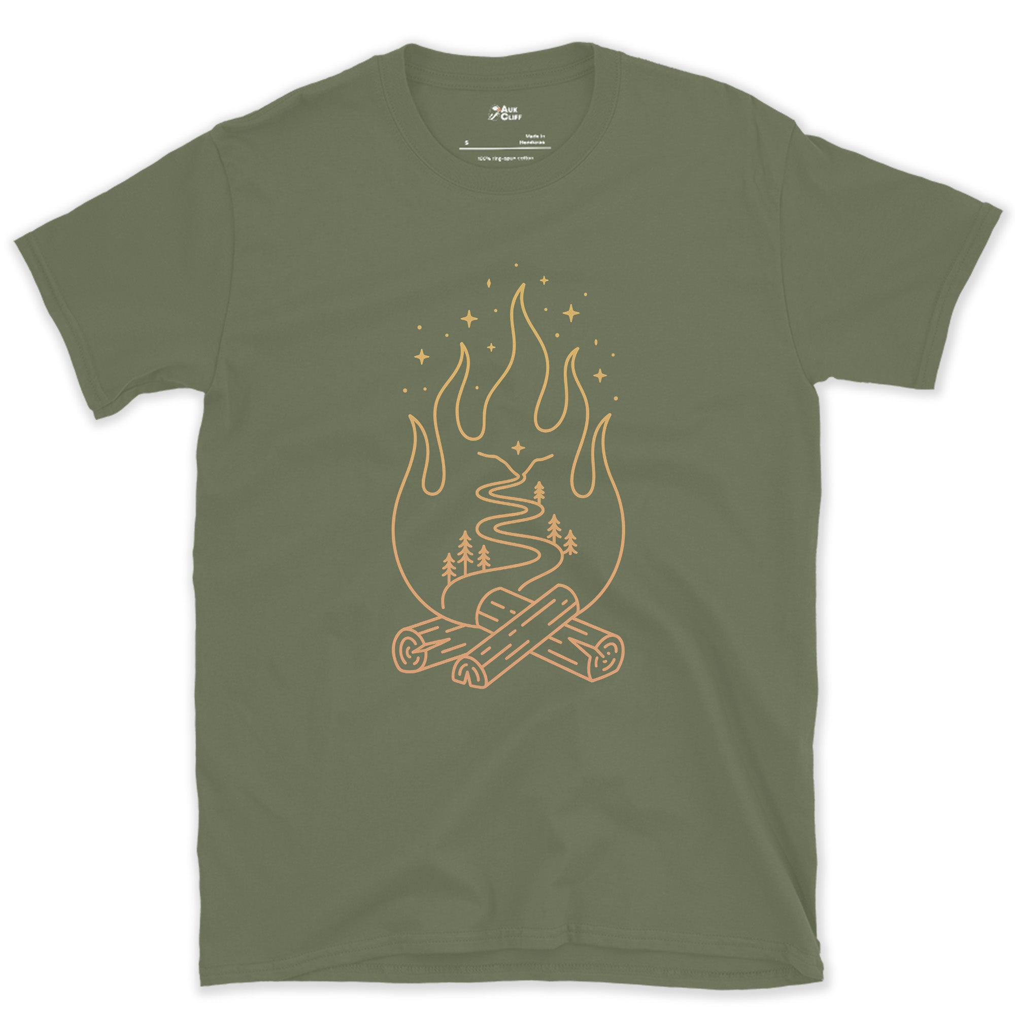 The Trail Bends Even in Firelight design on a Military Green Gildan Softstyle t-shirt