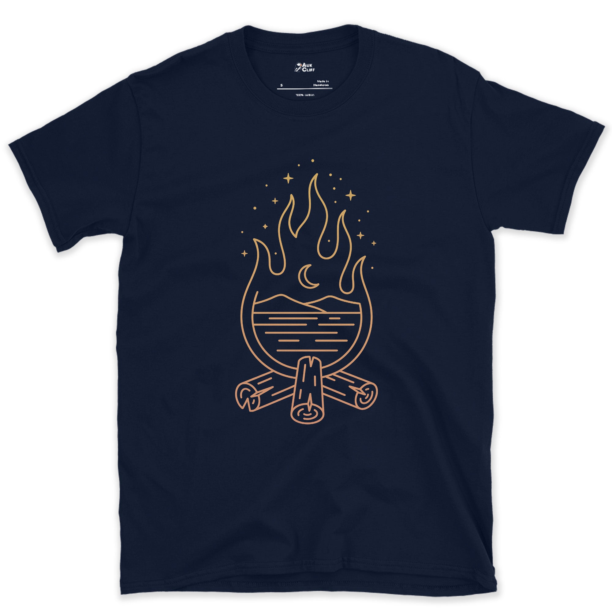 Still Water, Small Flame design on a Navy Gildan Softstyle t-shirt