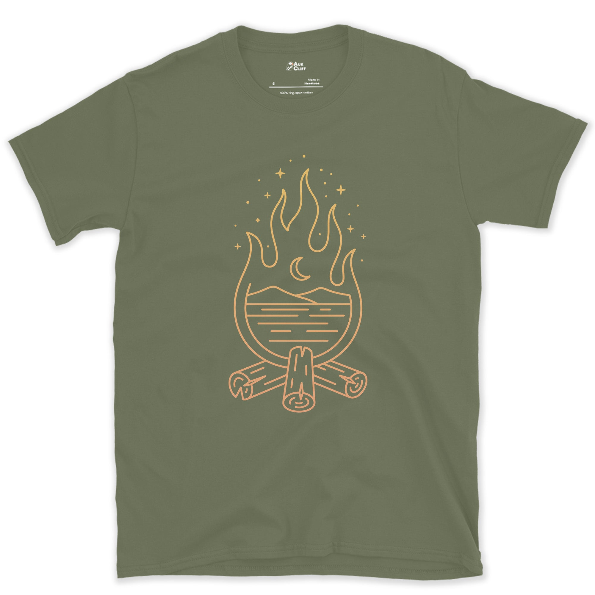 Still Water, Small Flame design on a Military Green Gildan Softstyle t-shirt