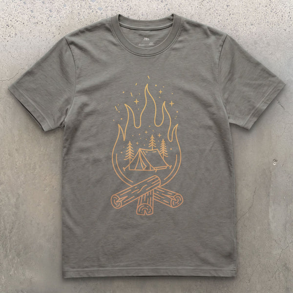 The Whole Camp Fits Inside One Flame design on a Charcoal Gildan Softstyle t-shirt