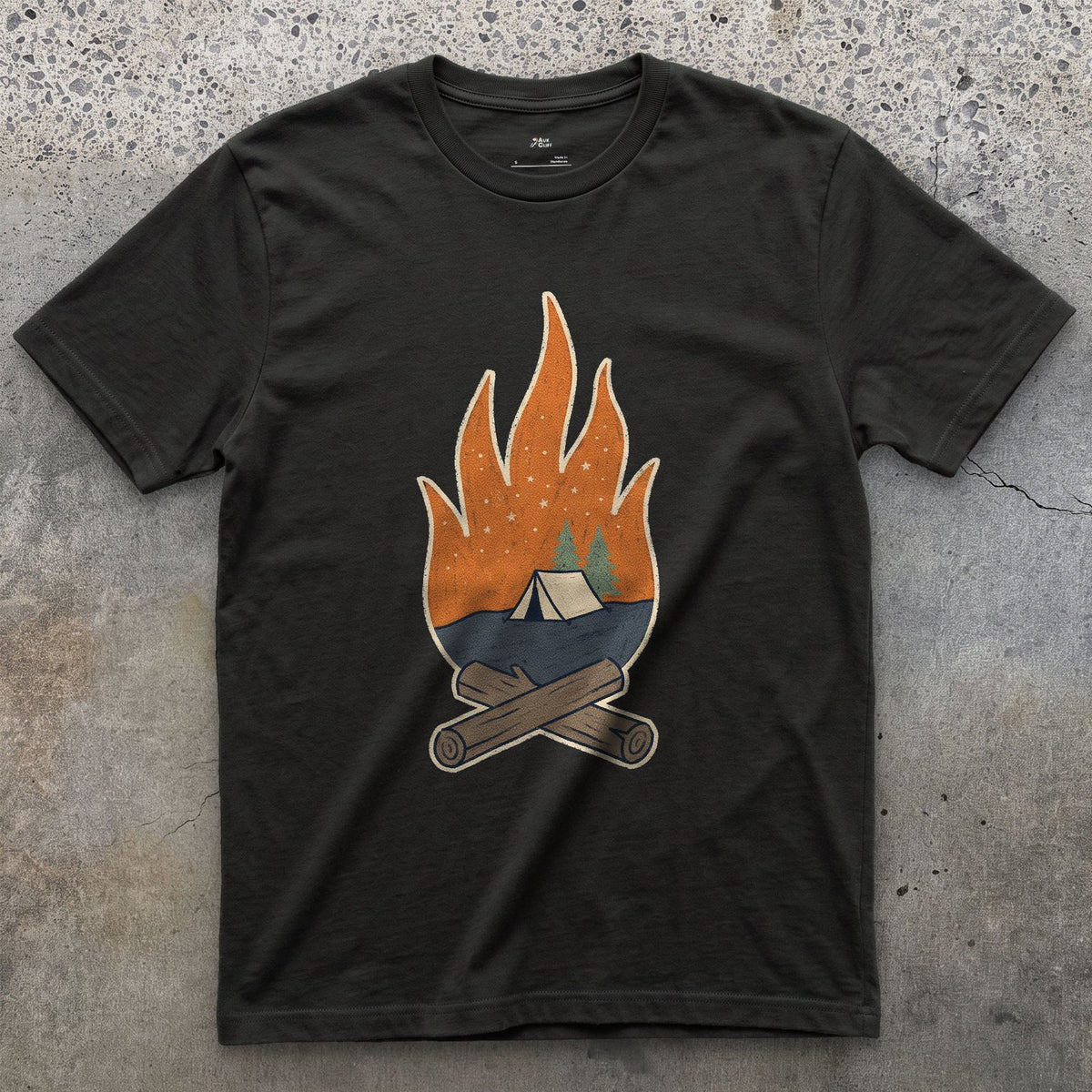 Tent Pitched, Fire Lit design on a Black Gildan Softstyle t-shirt