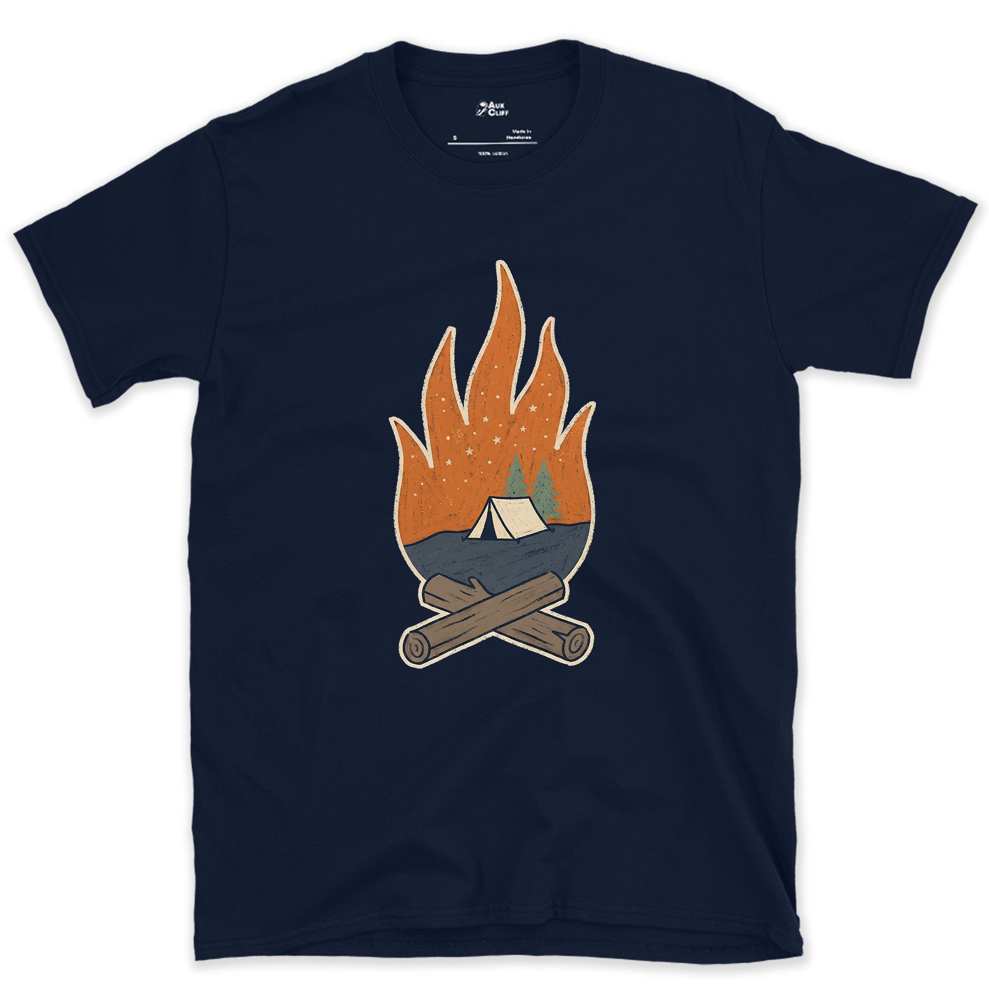 Tent Pitched, Fire Lit design on a Navy Gildan Softstyle t-shirt