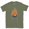 Tent Pitched, Fire Lit design on a Military Green Gildan Softstyle t-shirt