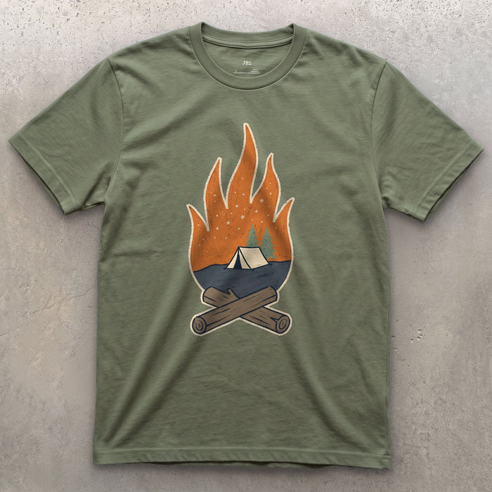 Tent Pitched, Fire Lit design on a Military Green Gildan Softstyle t-shirt