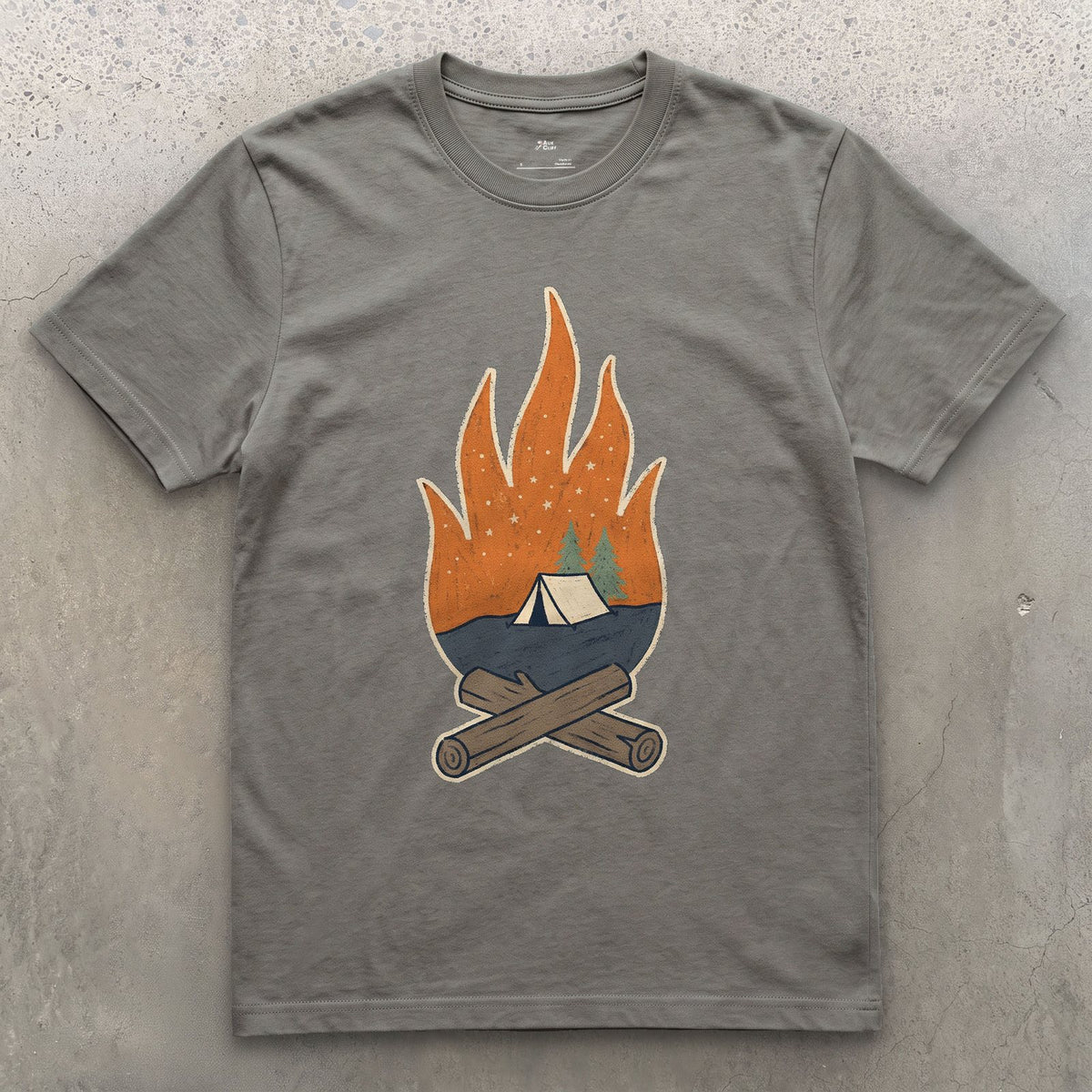 Tent Pitched, Fire Lit design on a Charcoal Gildan Softstyle t-shirt