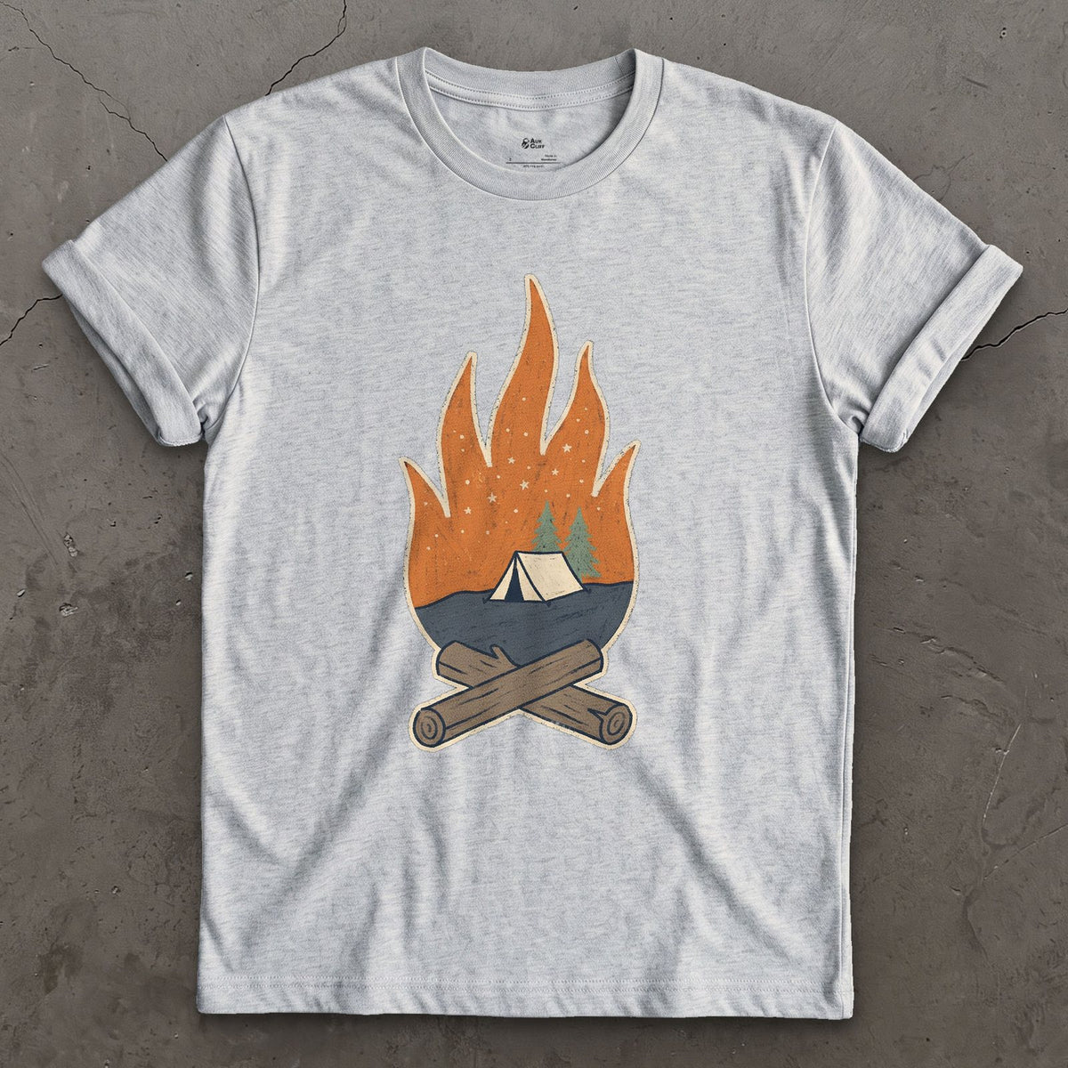 Tent Pitched, Fire Lit design on a Sport Grey Gildan Softstyle t-shirt