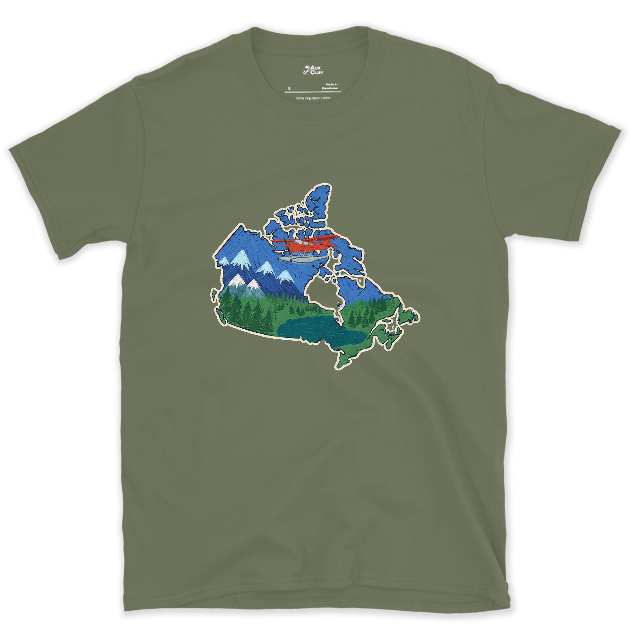 Forest and Peak Grown Into Canada design on a Military Green Gildan Softstyle t-shirt