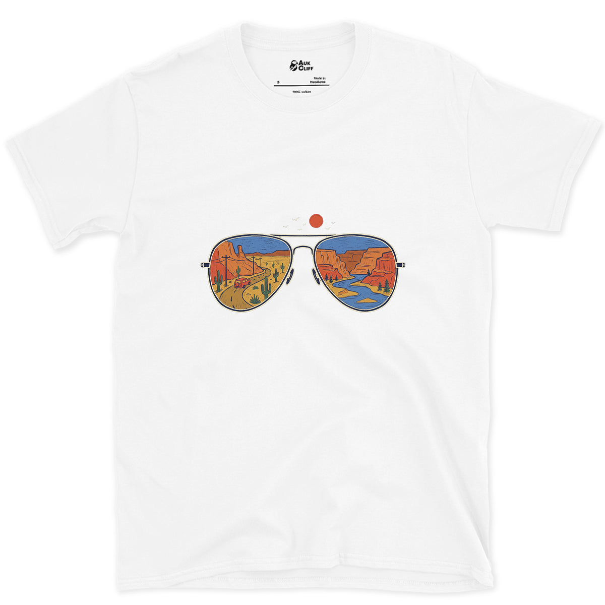 Canyon Road in the Lenses, Aviators design on a White Gildan Softstyle t-shirt