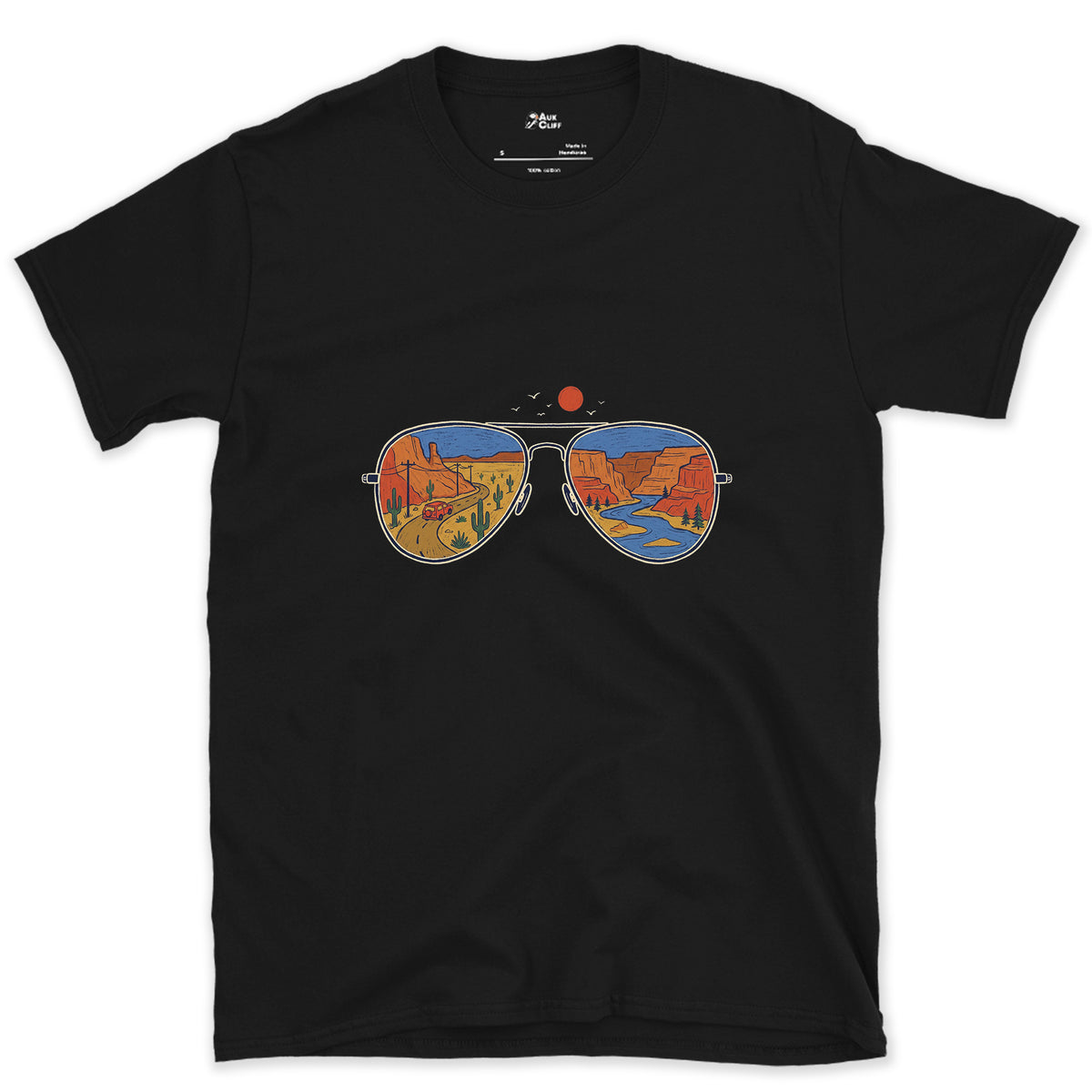 Canyon Road in the Lenses, Aviators design on a Black Gildan Softstyle t-shirt