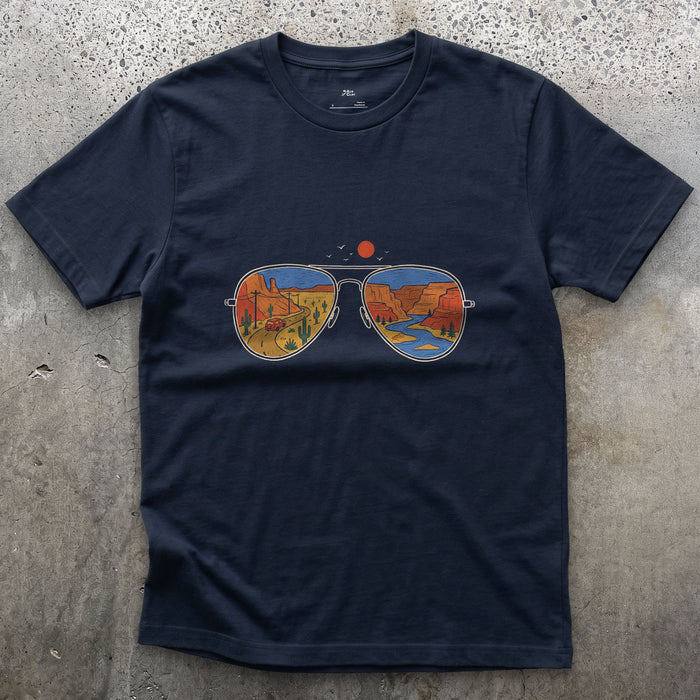 Canyon Road in the Lenses, Aviators design on a Navy Gildan Softstyle t-shirt