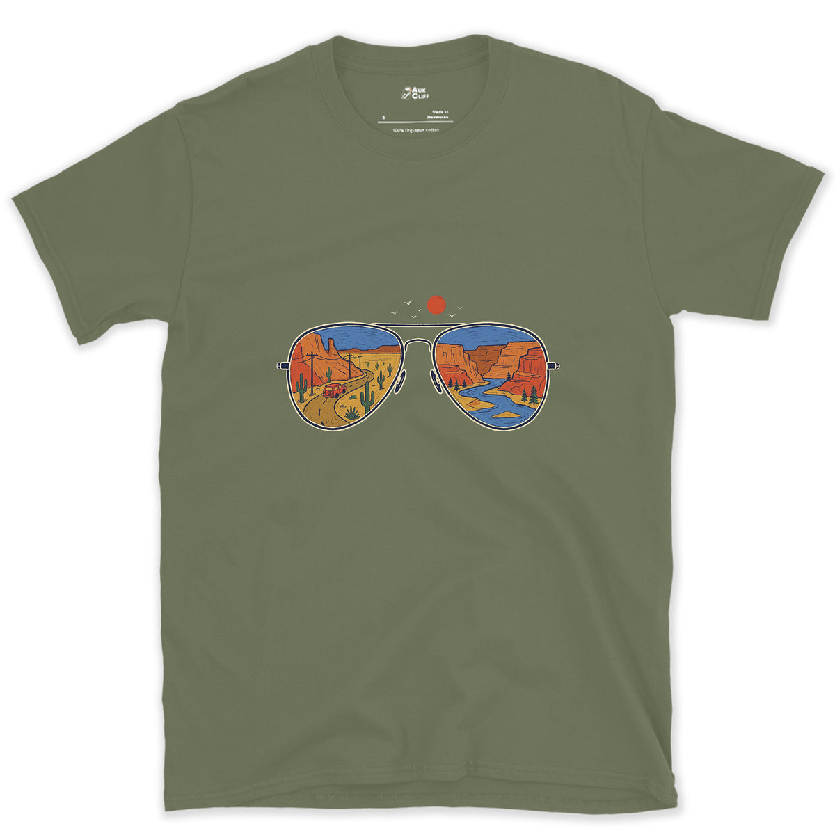 Canyon Road in the Lenses, Aviators design on a Military Green Gildan Softstyle t-shirt