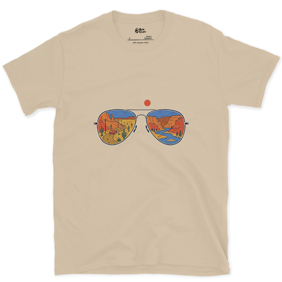 Canyon Road in the Lenses, Aviators design on a Sand Gildan Softstyle t-shirt