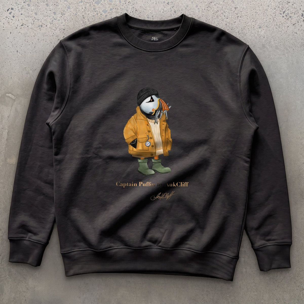 Captain Puffin Sailor Catch of the Day on a Black Cotton Heritage sweatshirt