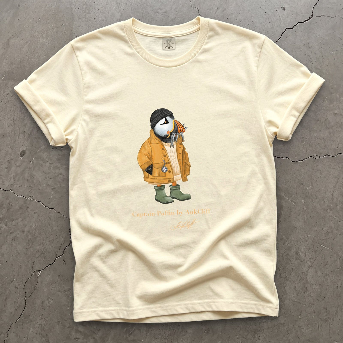 Captain Puffin Sailor Catch of the Day on a Ivory Comfort Colors t-shirt