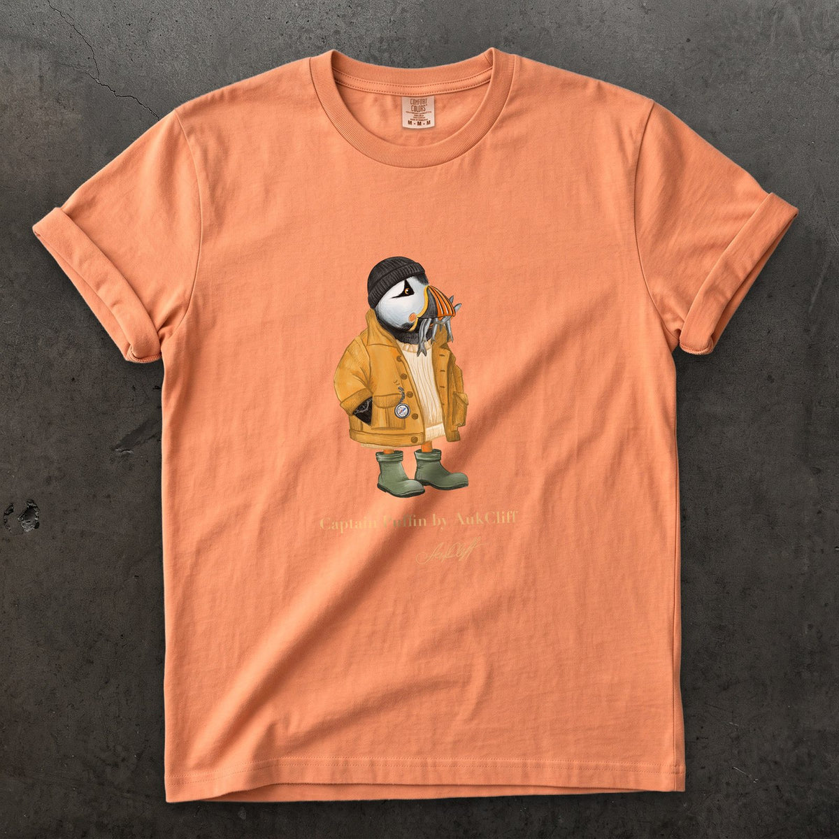 Captain Puffin Sailor Catch of the Day on a Terracotta Comfort Colors t-shirt