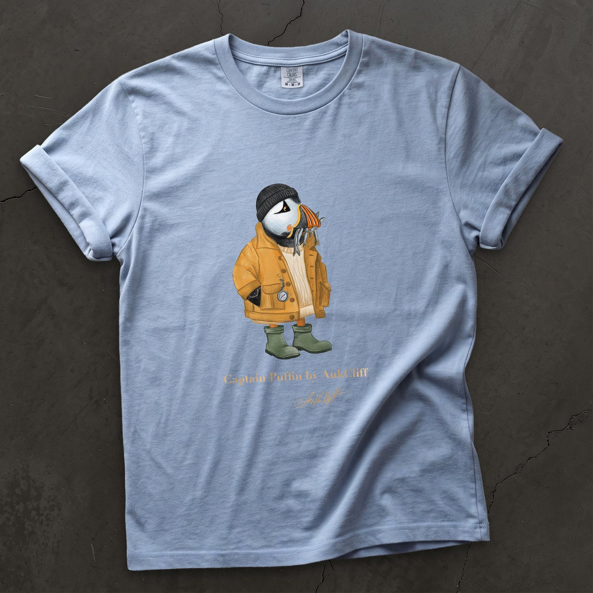 Captain Puffin Sailor Catch of the Day on a Washed Denim Comfort Colors t-shirt