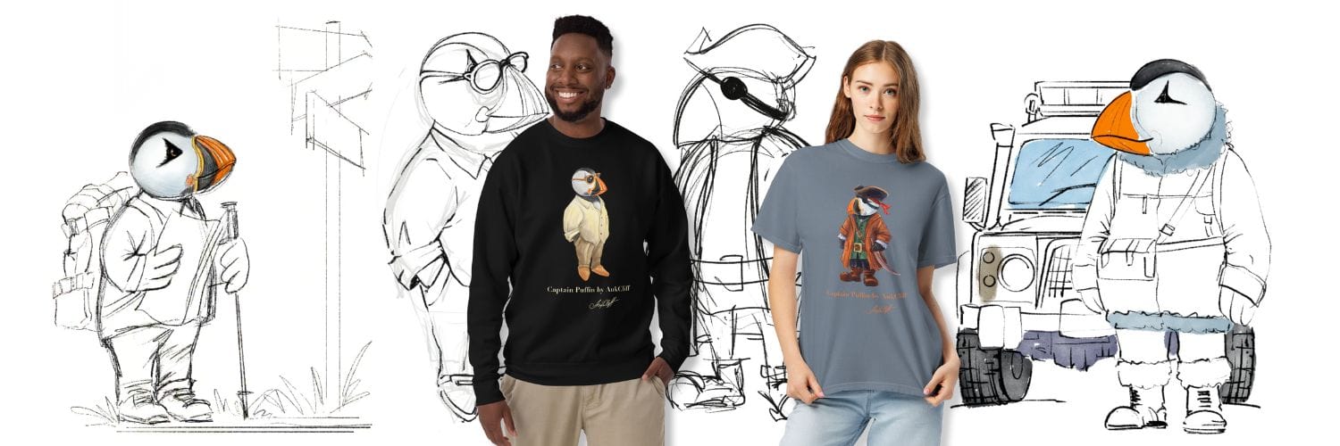Hand-drawn Captain Puffin™ characters by AukCliff wearing adventure-inspired outfits, standing side by side on a clean background — premium Comfort Colors® tees and sweatshirts collection celebrating art, exploration, and timeless style.
